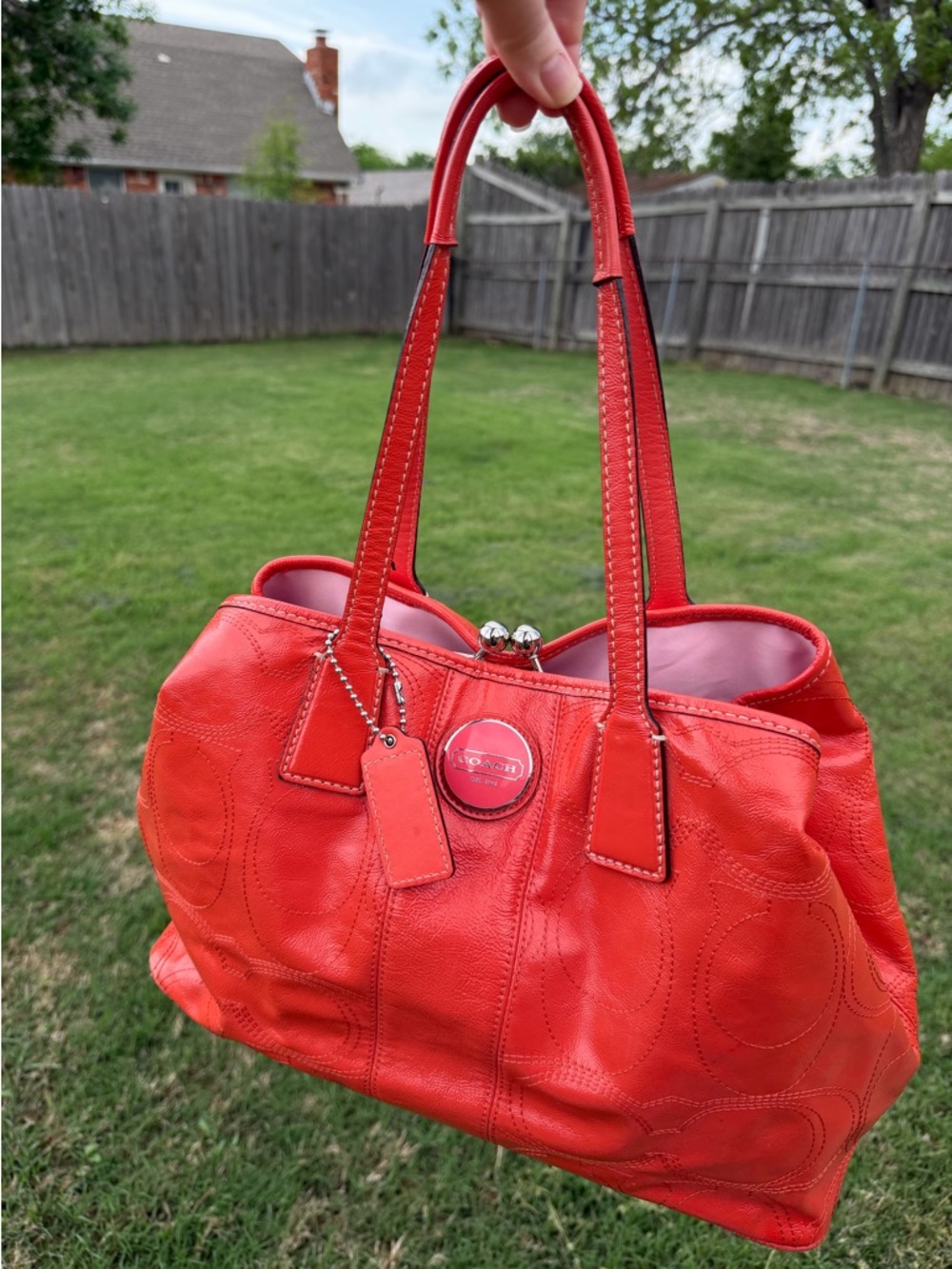 Coach Signature Stitched Patent Leather Framed Kisslock Carryall